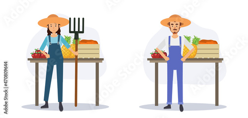 agriculture concept,farmer market, Set of farmer is standing in front of their product.Flat vector 2D cartoon character illustration. © Thidarat