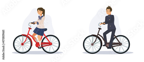 transport concept.everyday life in Japan,Japanese Student riding bike to school Flat vector 2D cartoon character illustration.