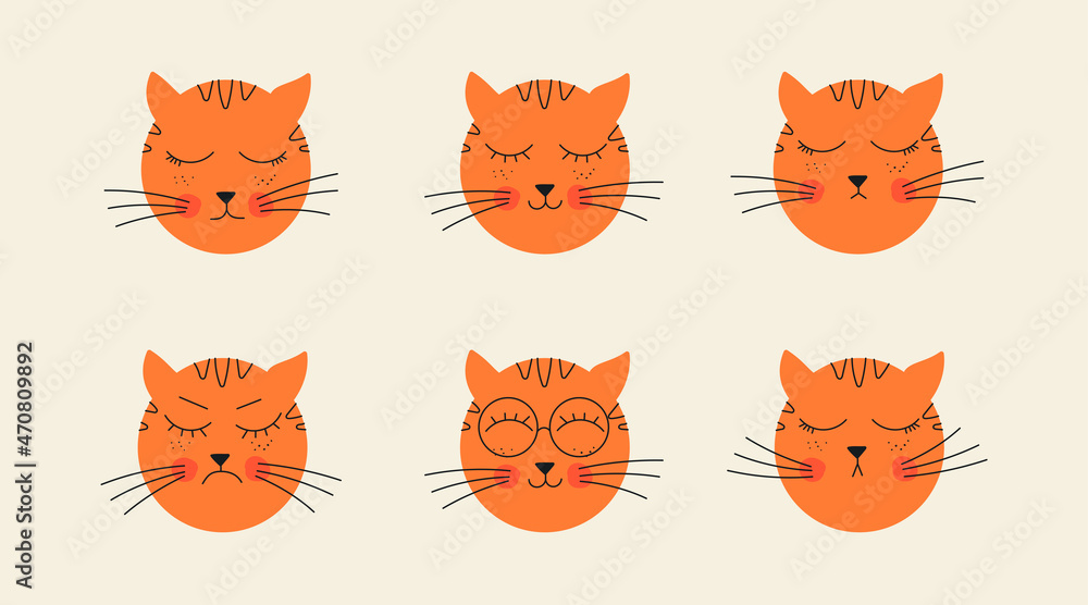 Abstract simple cat face. Ginger cat muzzle with different emotions. Vector hand drawn illustration. Flat line art design