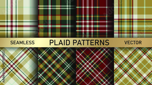 Seamless vector multicolor plaid patterns. Set of 8 tartan backgrounds. Collection of stylish geometric designs for fabric, textile, wrapping etc.