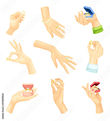 Male and female hands with golden rings set. Engagement or wedding design element vector illustration