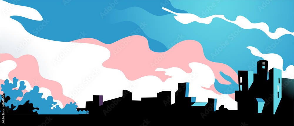 Panorama con il cielo colorato nuvoloso e silhouette di una città sull'orizzonte