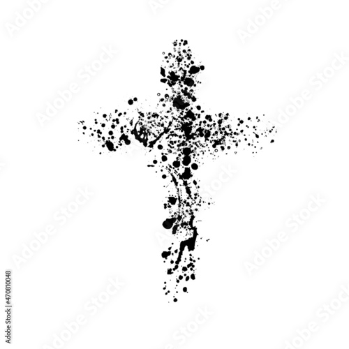 Hand drawn black grunge cross icon  simple Christian cross sign  hand-painted cross symbol created with real ink brush isolated on white background.