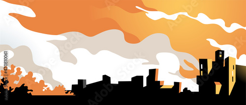 Panorama con il cielo colorato nuvoloso e silhouette di una città sull'orizzonte