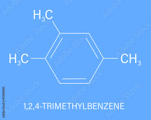 Pseudocumene (1,2,4-trimethylbenzene) aromatic hydrocarbon molecule. Occurs in naturally in coal tar and petroleum. Skeletal formula.