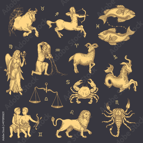 Zodiac signs set, vector horoscope symbols design.