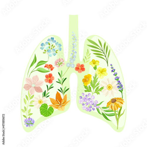 Anatomical lungs with flowers and leaves. Healthy blooming human internal organ vector illustration