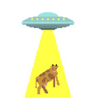 Ufo steals cow pixel art. pixelated Alien flying saucer and cows 8 bit. Concept of extraterrestrial civilizations and Experiments on another planet