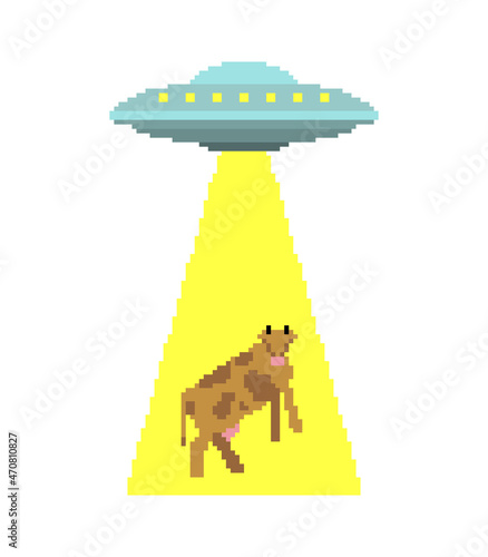 Ufo steals cow pixel art. pixelated Alien flying saucer and cows 8 bit. Concept of extraterrestrial civilizations and Experiments on another planet