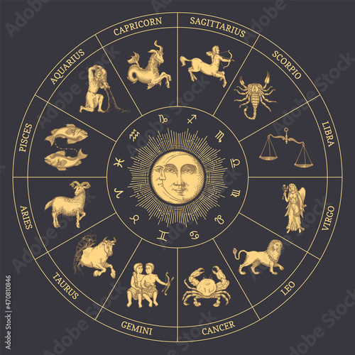 Zodiac circle of horoscope signs and Sun, Crescent