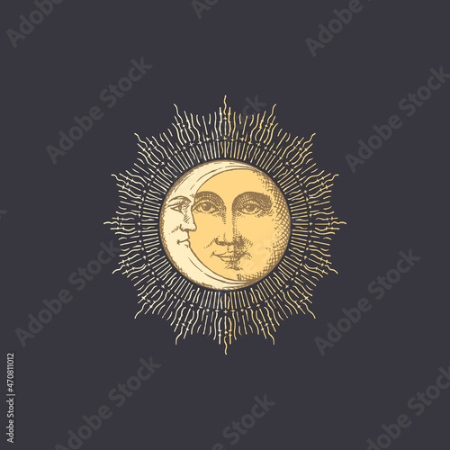 Sun, Moon, vector drawings. Esoteric vintage signs