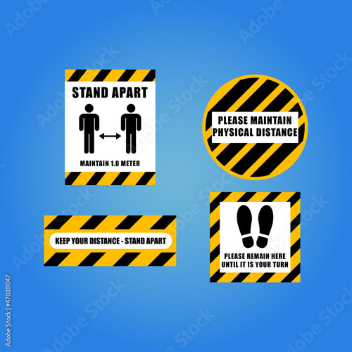 keep safe distance signage icon and stickers. Please wait here and 1 meter apart vector set.