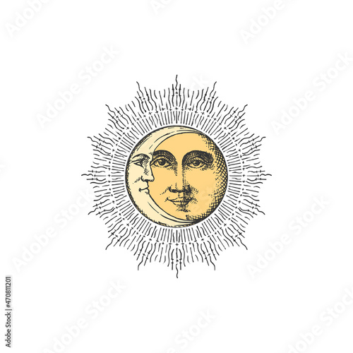 Sun, Moon, vector drawings. Esoteric vintage signs
