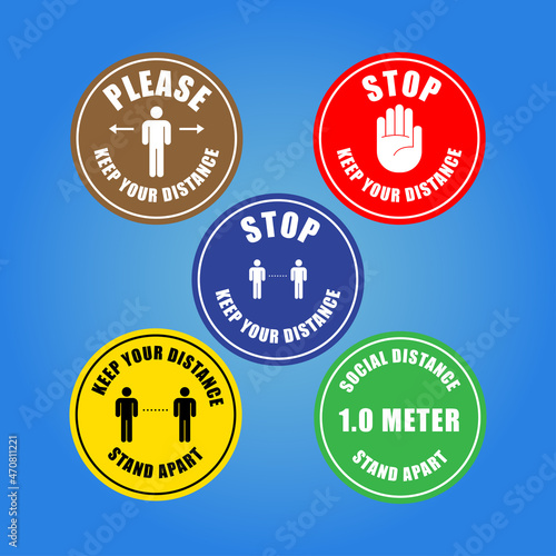 keep safe distance signage icon and stickers. Please wait here and 1 meter apart vector set.