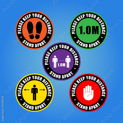keep safe distance signage icon and stickers. Please wait here and 1 meter apart vector set.