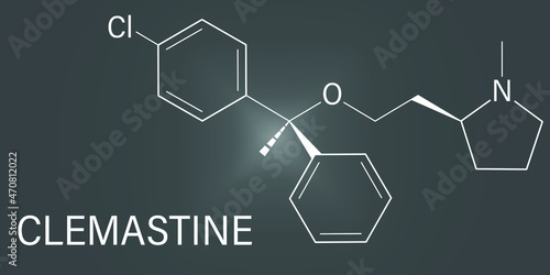 Clemastine (meclastine) antihistamine drug molecule. Used to treat allergy and itching. Skeletal formula.