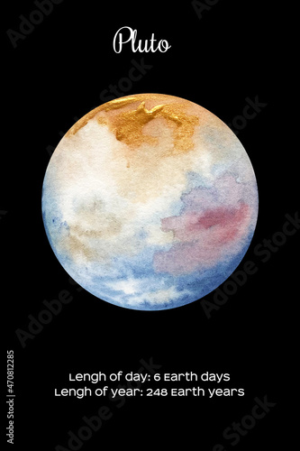 Watercolor planet Pluto isolated on dark black background. Pluto Illustration