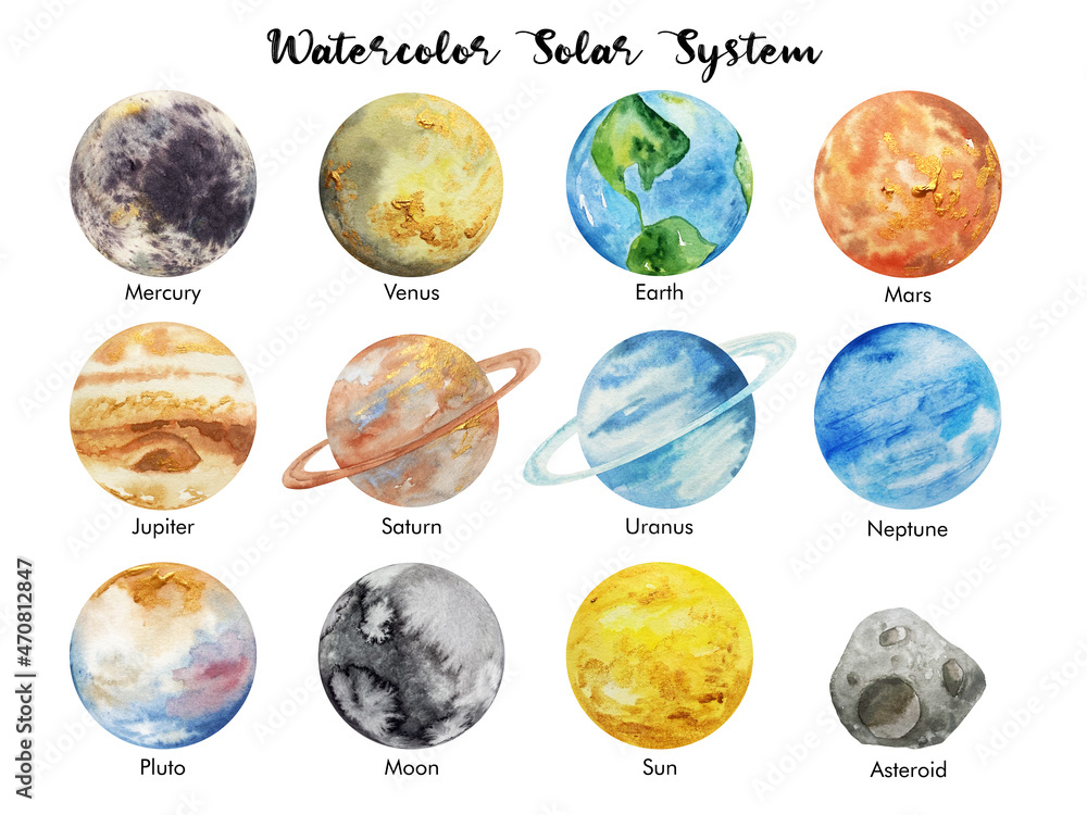 Watercolor solar syatem planets on white background. Sun, Mercury, Venus, Earth, Mars, Jupiter, Saturn, Uranus, Neptune, asteroid