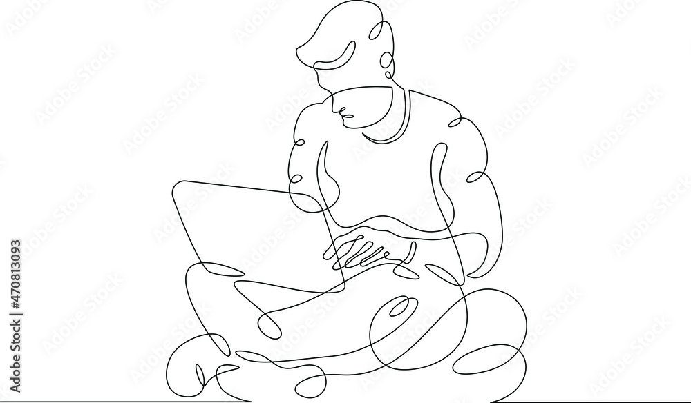 Young man sits with laptop. Communication and work on the Internet. Boy communicates using a computer.One continuous line .One continuous drawing line logo isolated minimal illustration.