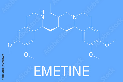 Emetine molecule. Has emetic (induces vomiting) and anti-protozoal properties. Skeletal formula.