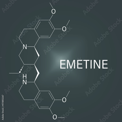 Emetine molecule. Has emetic (induces vomiting) and anti-protozoal properties. Skeletal formula.