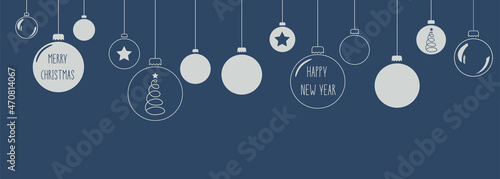 Merry, modern card with Christmas balls of different sizes, round, white with congratulations and drawings on a dark blue background
