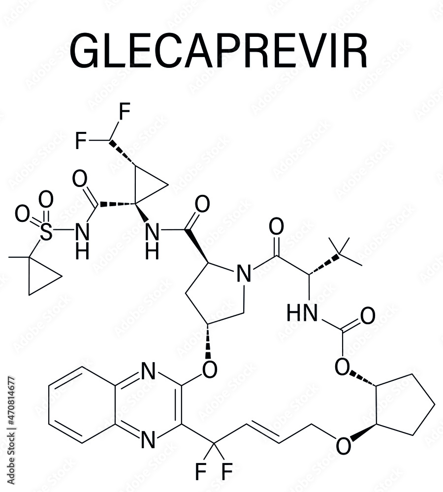 Glecaprevir hepatitis C virus drug molecule. Skeletal formula. Glecaprevir hepatitis C virus drug molecule. Skeletal formula.