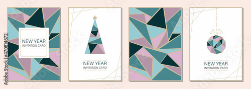 Modern Christmas corporate card in geometric style with a picture of a tree, a Christmas ball and congratulations. Suitable for publishing on social networks, mobile applications, and for the design o