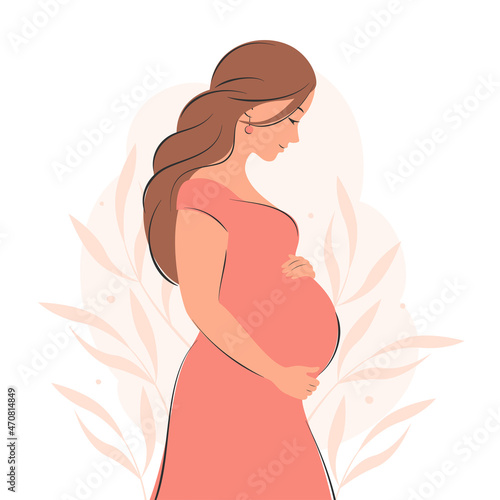 Pregnant woman, future mom, standing in nature and hugging belly with arms. Flat vector illustration.