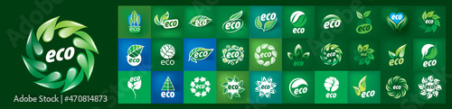 A set of vector Eco logos on a green background