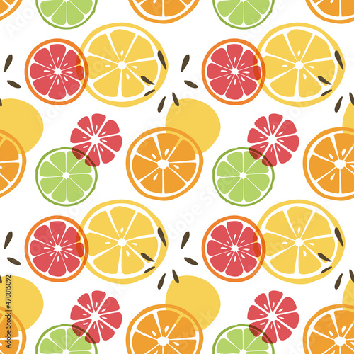 Bright citrus seamless pattern. Cute lemon, orange, lime and grapefruit lobules in cartoon style. Vector flat hand drawn illustration