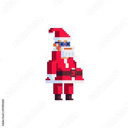 Santa Claus. Pixel art character. Sticker design. Isolated vector illustration.