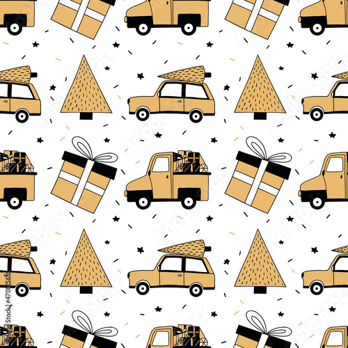Christmas pattern with cars, gifts and trees in three colors