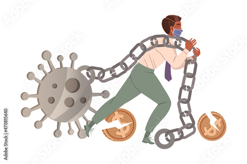 Businessman chained by Coronavirus cell. Financial crisis, bankruptcy, new normal concept cartoon vector illustration