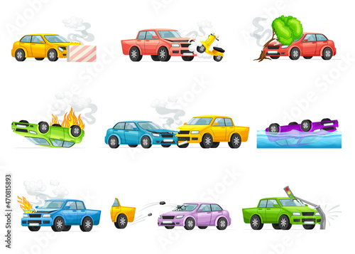 Transport damaged in road accidents set. Auto insurance cases vector illustration