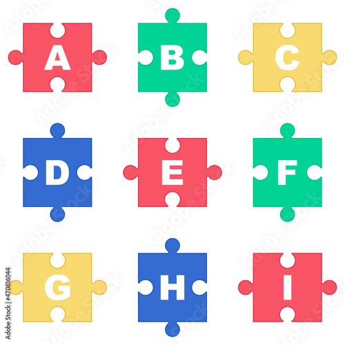 Alphabet on colorful puzzle. Jigsaw fonts for poster, banner, publication. Vector illustration.