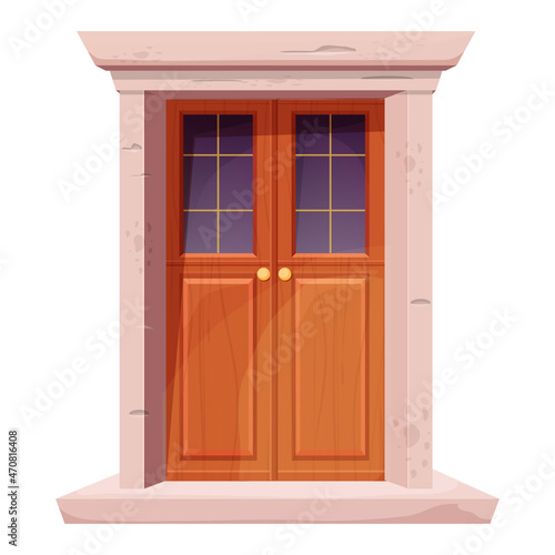 Wooden door with window  stone door frame in cartoon style isolated on white background. Closed modern entrance. Element for decoration.