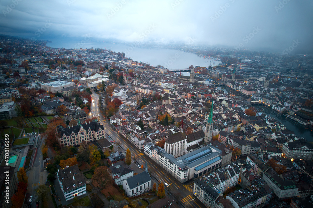 Aerial view of City of Zürich with lake Zürich in the background on a cloudy autumn morning. Photo taken November 14th, 2021, Zurich, Switzerland.
