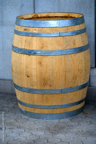 Wooden oak barrel outside of restaurant at City of Zürich. Photo taken November 14th, 2021, Zurich, Switzerland.