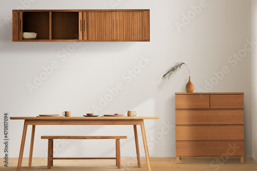 Billede på lærred Wooden furniture in minimal dining room interior design