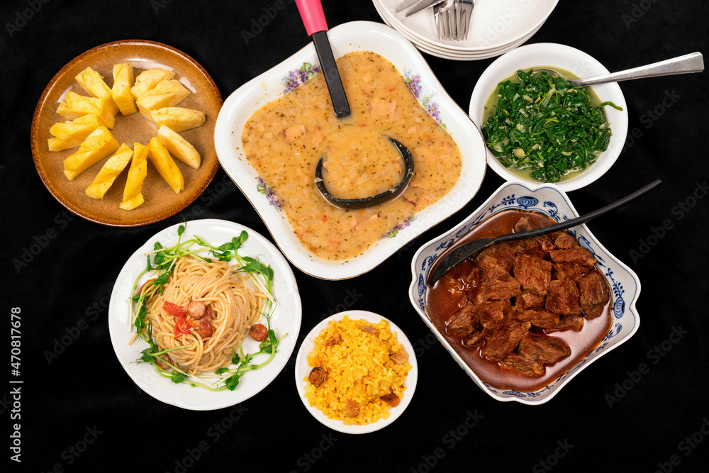Rich menu, various dishes on black background. Rich menu, various dishes on black background.