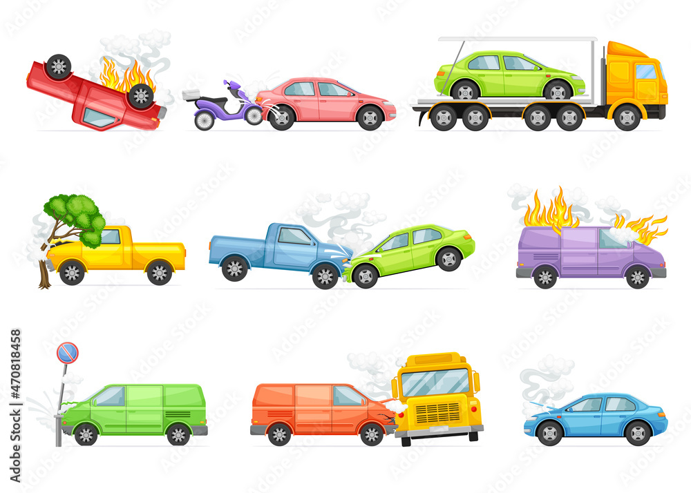 Road traffic accidents and car crashes set. Auto insurance cases vector illustration