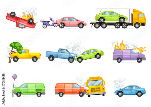 Road traffic accidents and car crashes set. Auto insurance cases vector illustration