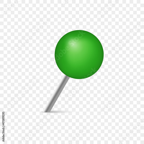 Pushpin with Metal Needle and Green head. Office Thumbtack for Notice Board and Attach Paper on Wall. Plastic Circle Push Pin on Transparent Background. Isolated Vector Illustration