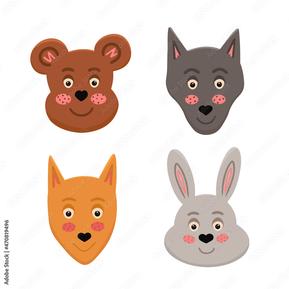 Forest animals set. Bear, fox, wolf, hare. Animals head. Vector Illustration for backgrounds, packaging, greeting cards, posters, stickers, textile, seasonal design. Isolated on white background.