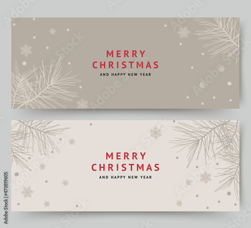 Christmas banners with snowflakes and branches of a Christmas tree on a neutral pastel beige background. Winter holidays greeting card. Vector illustration