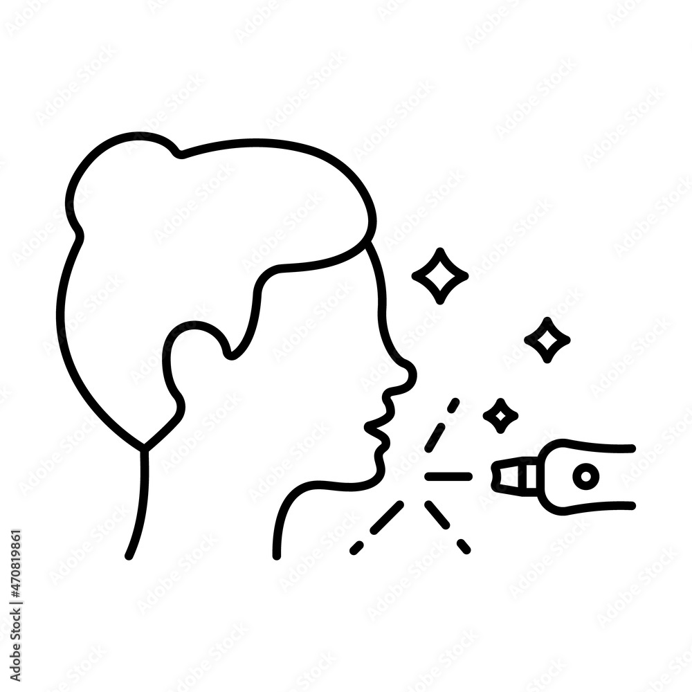 Removal Woman Facial Hair with Laser Line Icon. Medical Beauty Therapy for Girl Skin Face Linear Pictogram. Laser Cosmetology Equipment Outline Icon. Editable Stroke. Isolated Vector Illustration