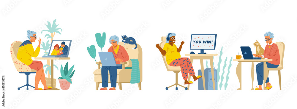 Happy senior women at laptop flat vector set. Elderly women working, talking to family, playing on computers. Isolated on white.