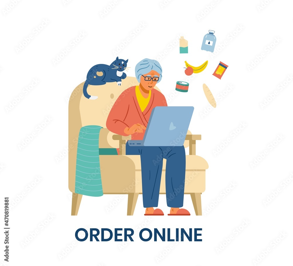 Senior woman grocery shopping online flat vector illustration. Elderly woman sitting in armchair with laptop ordering food online. Isolated. Senior woman grocery shopping online flat vector illustration. Elderly woman sitting in armchair with laptop ordering food online. Isolated.
