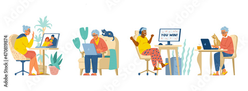 Happy senior women at laptop flat vector set. Elderly women working, talking to family, playing on computers. Isolated on white.